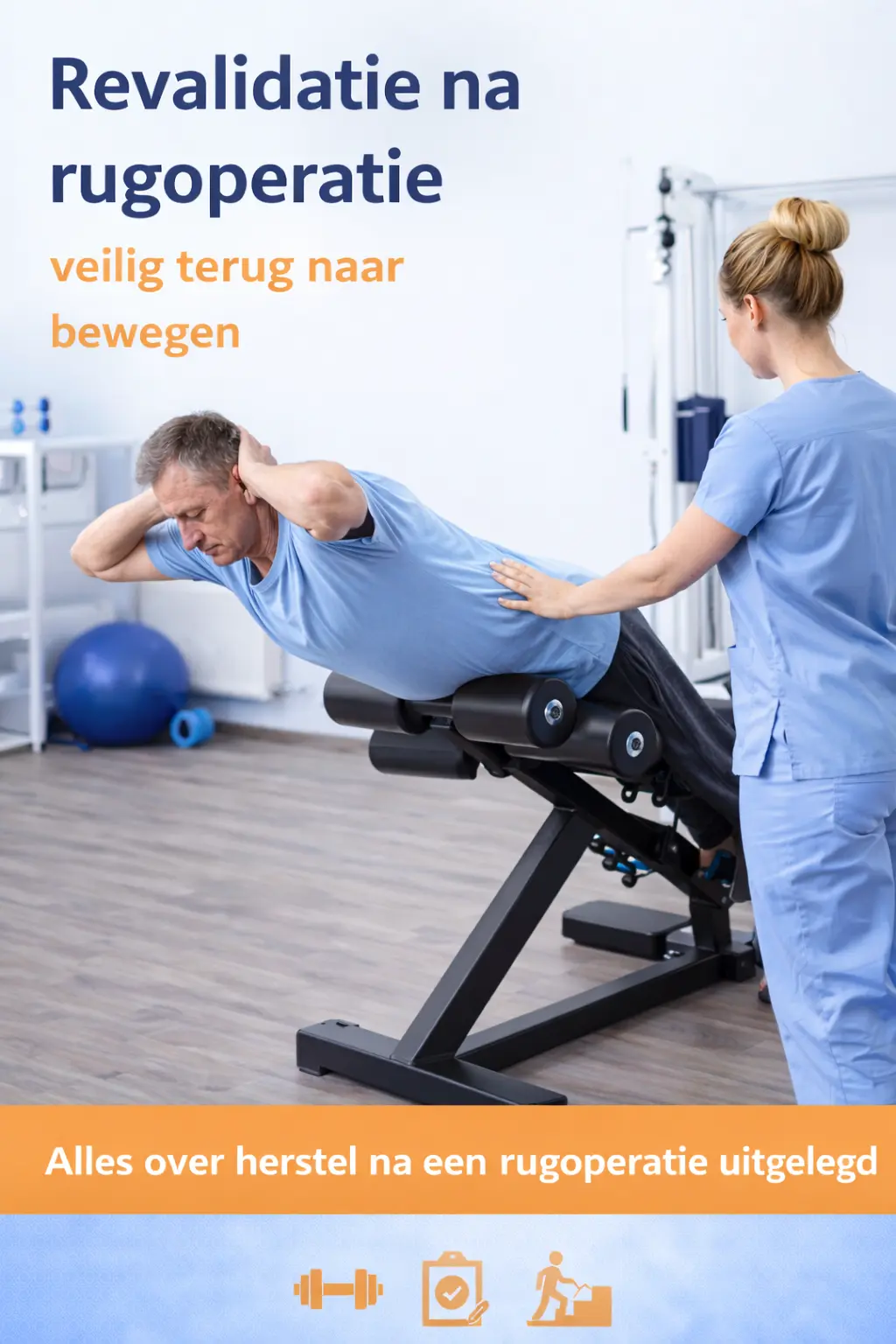 Fysiotherapeut begeleidt patiënt tijdens back extension oefening op een back extension machine na een rugoperatie